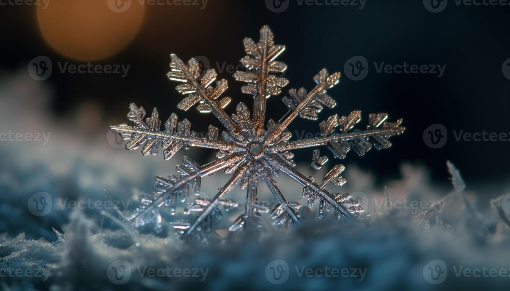 brillante copo de nieve decoración brilla en oscuro árbol generado por ai foto