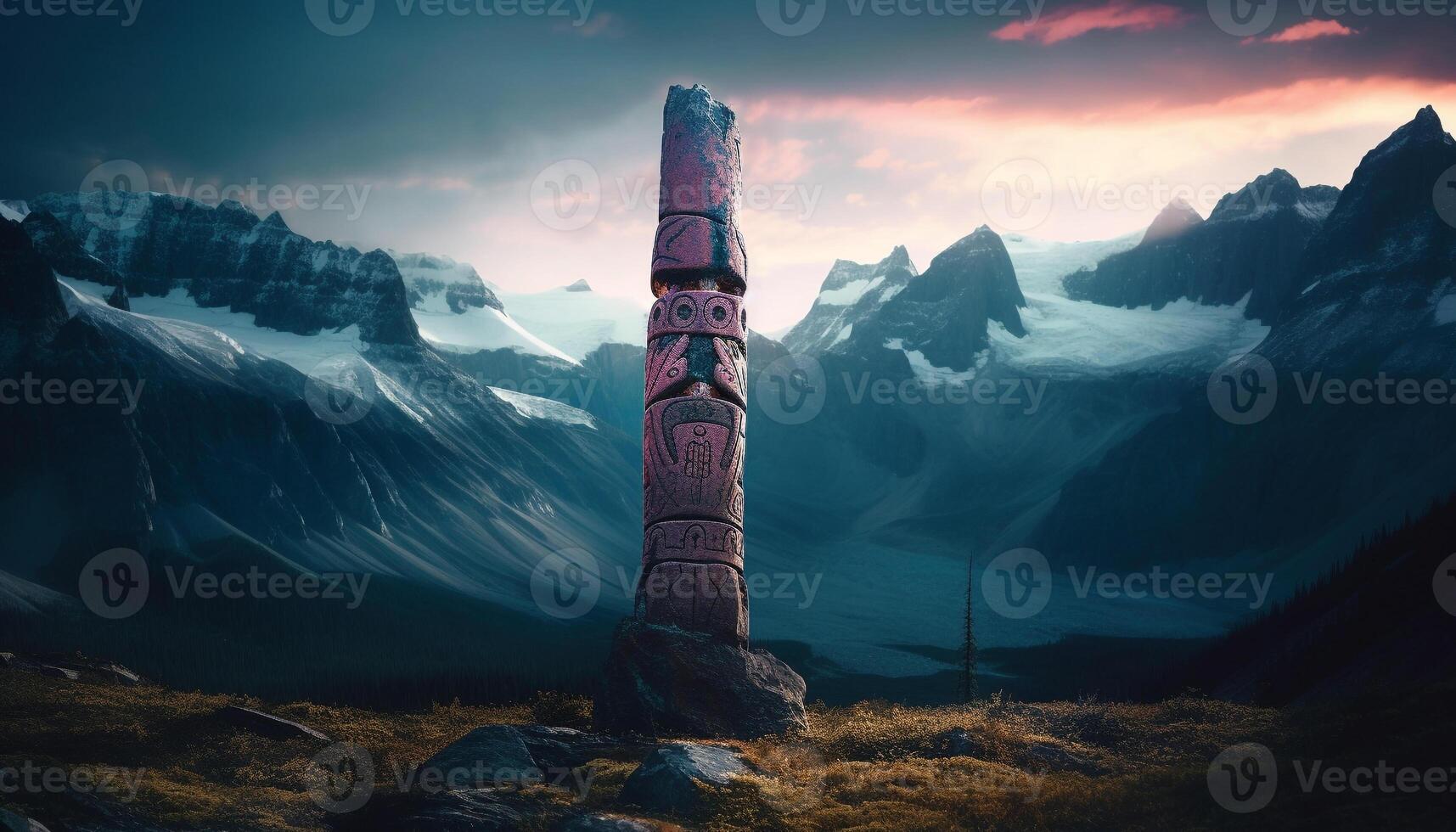 Mountain peak sculpture, ancient spirituality in nature generative AI photo