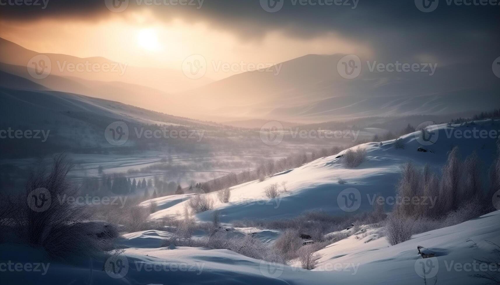 Tranquil winter landscape, mountain range back lit photo