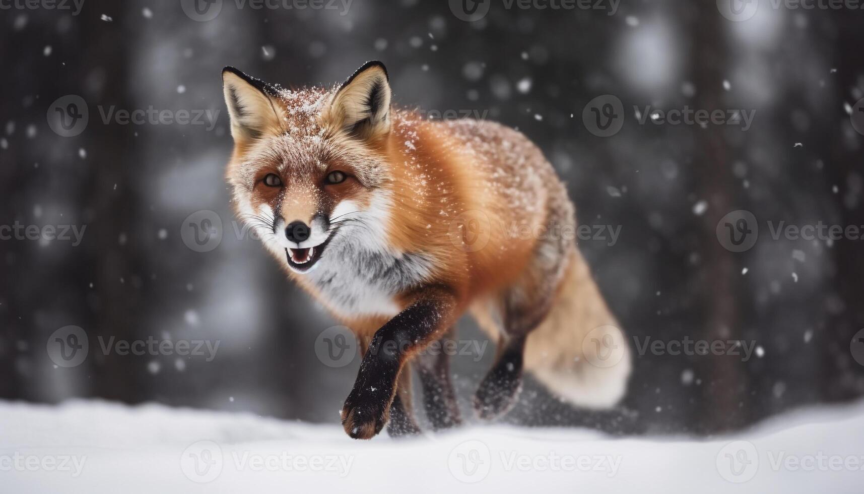 rojo zorro corriendo en nieve, mojado piel generativo ai foto