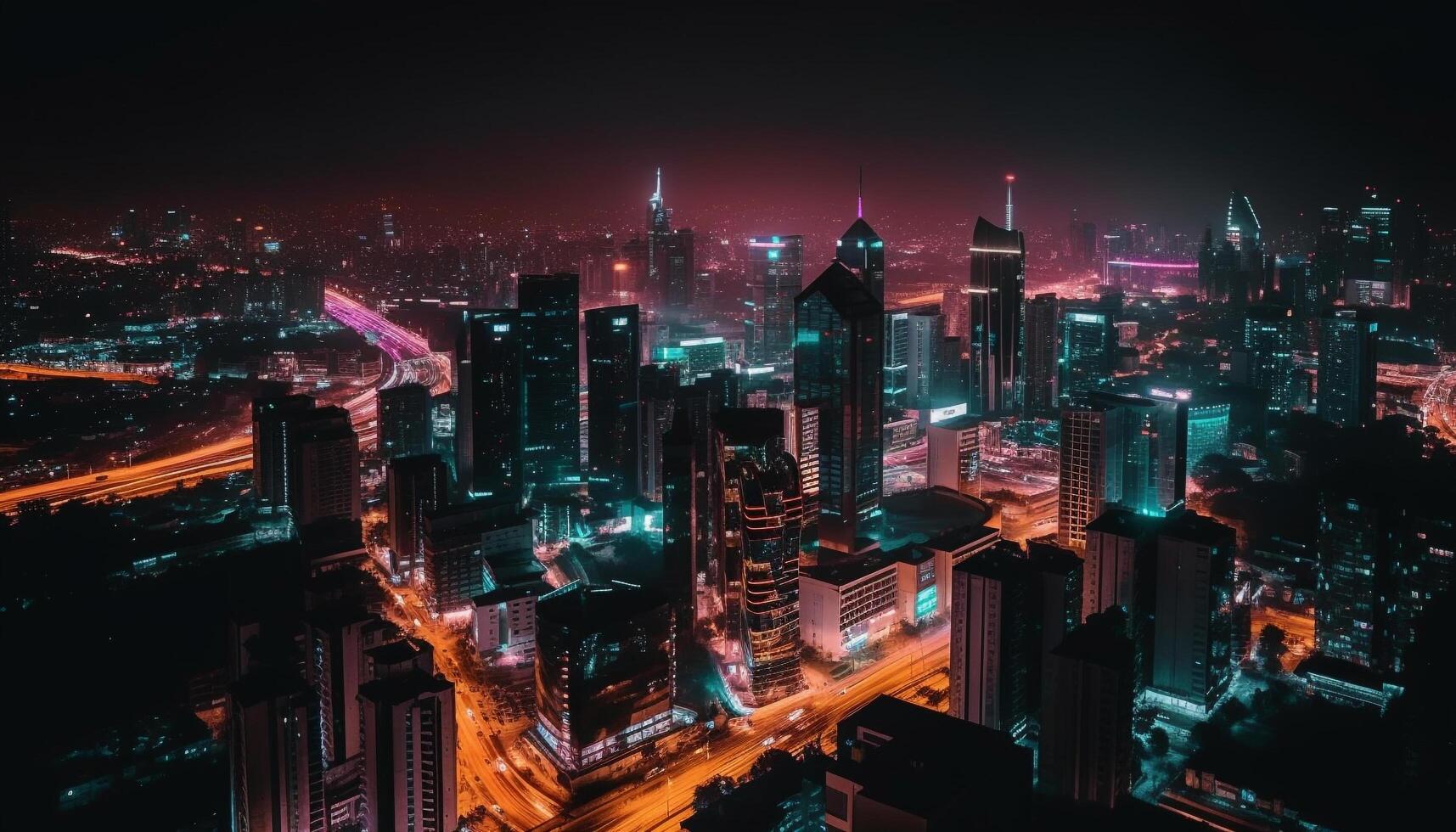 Illuminated city skyline, modern architecture, bustling nightlife generative AI photo