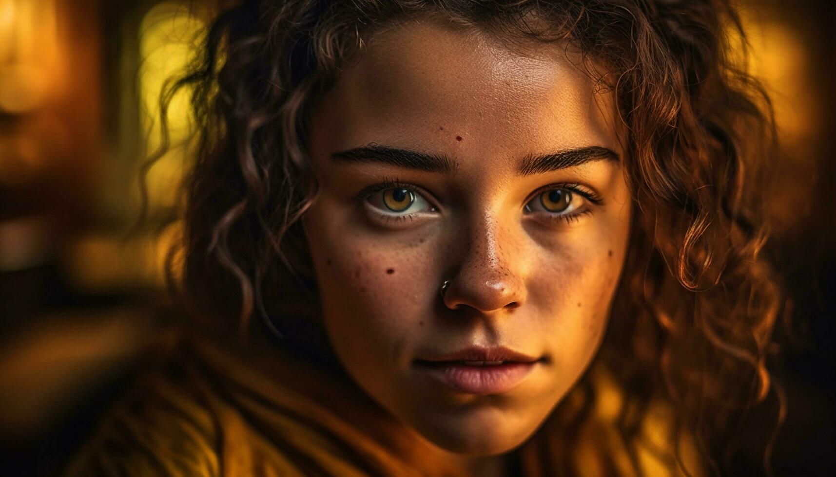 Young women with brown curly hair smiling outdoors generated by AI photo