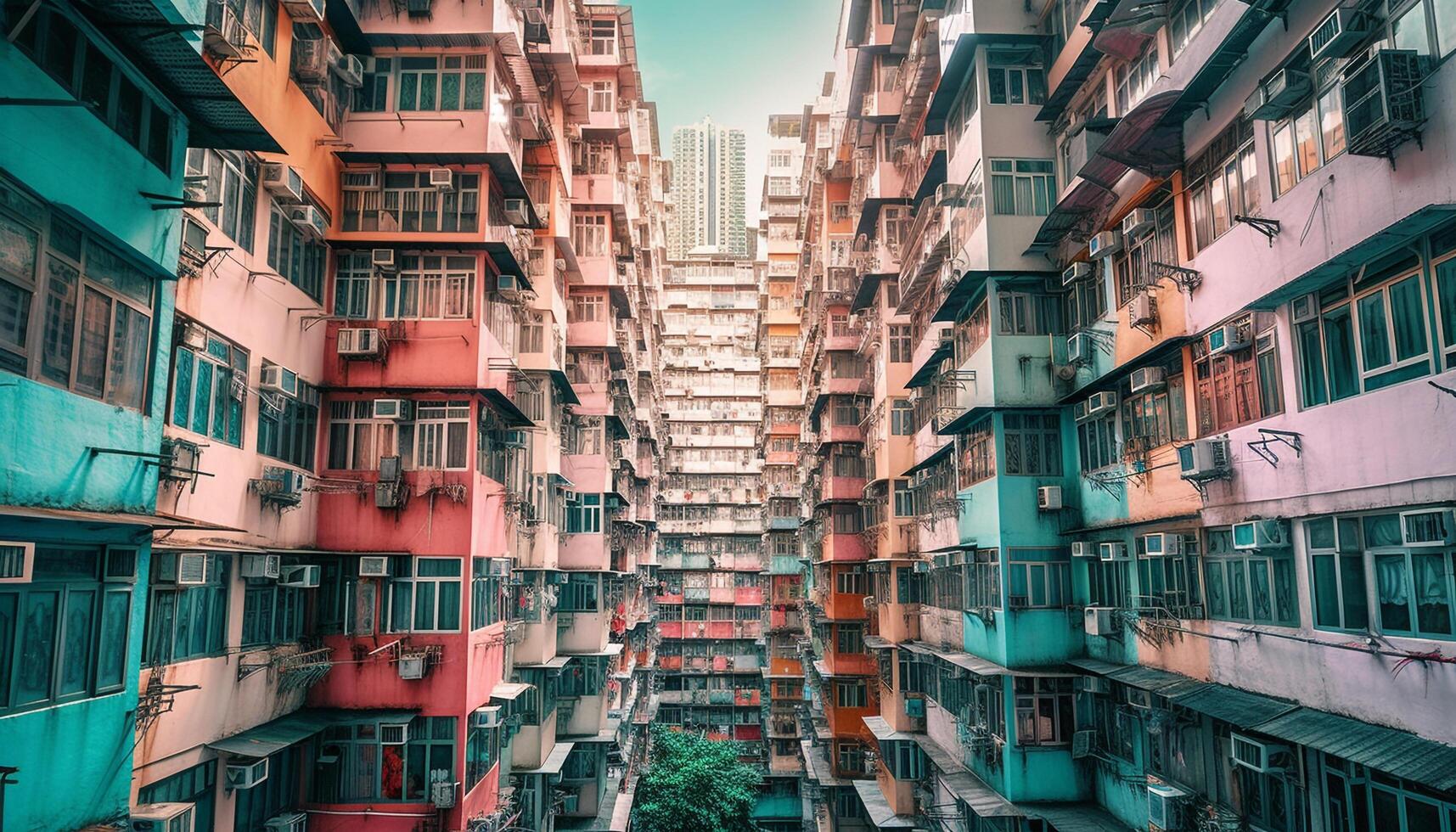 Modern skyscraper facade illuminates crowded city street at night generated by AI photo