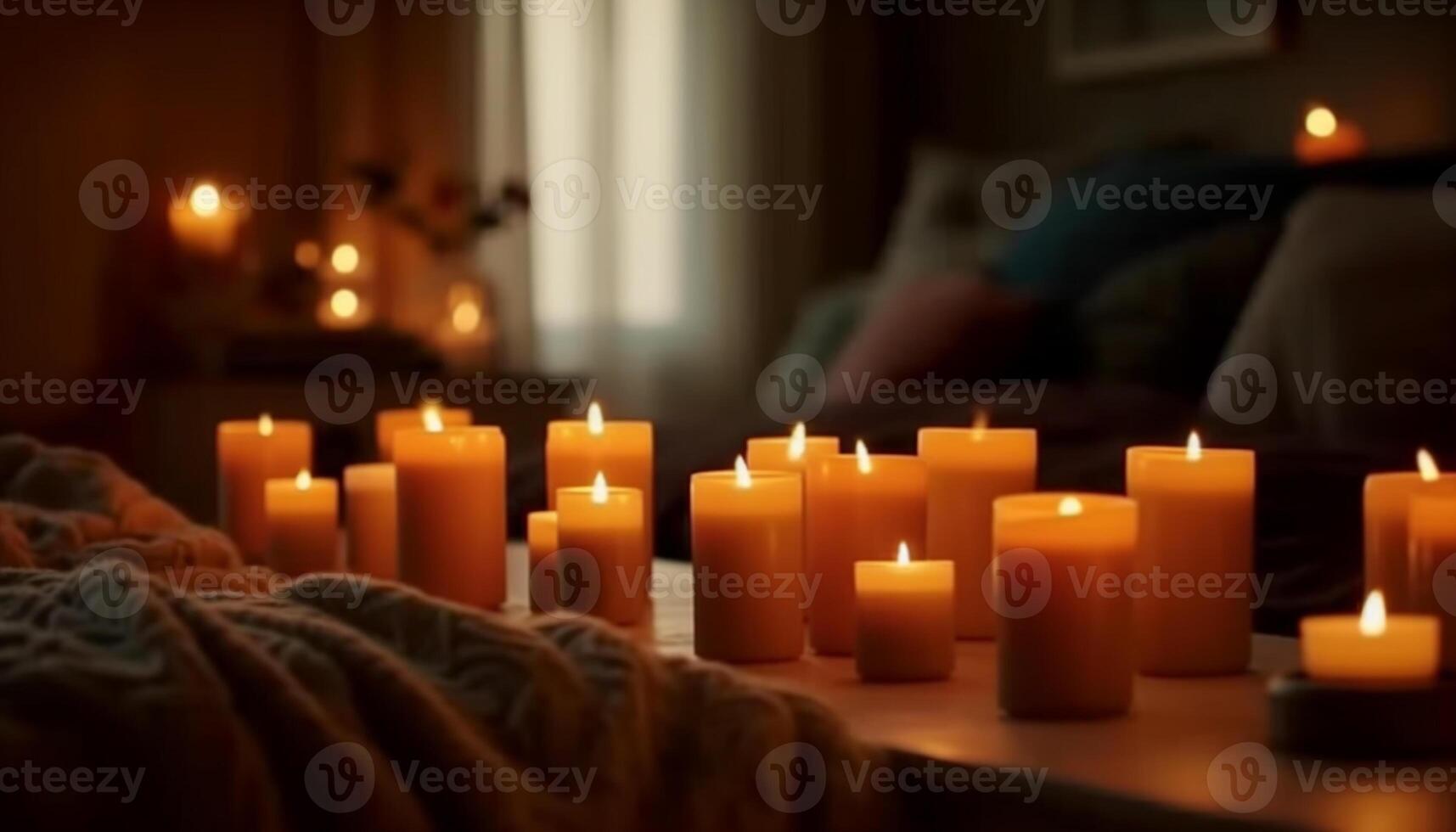 Glowing candle illuminates cozy winter living room generated by AI photo