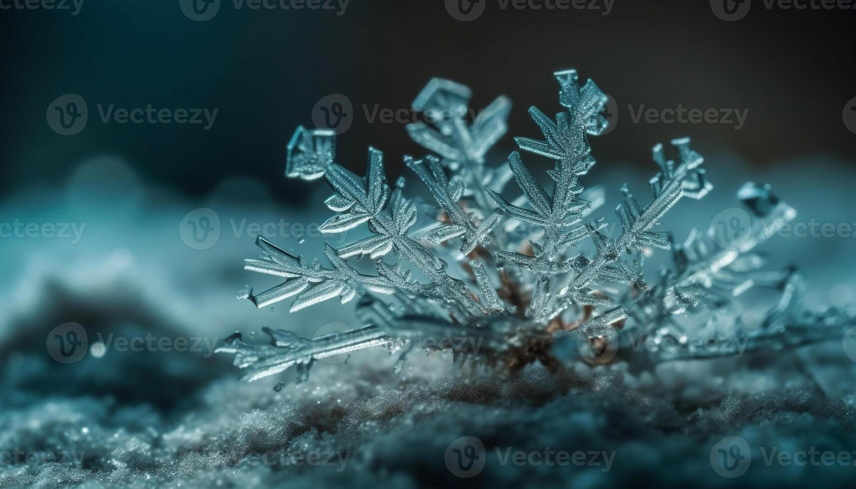 Crystal snowflake shines on icy winter branch generated by AI photo