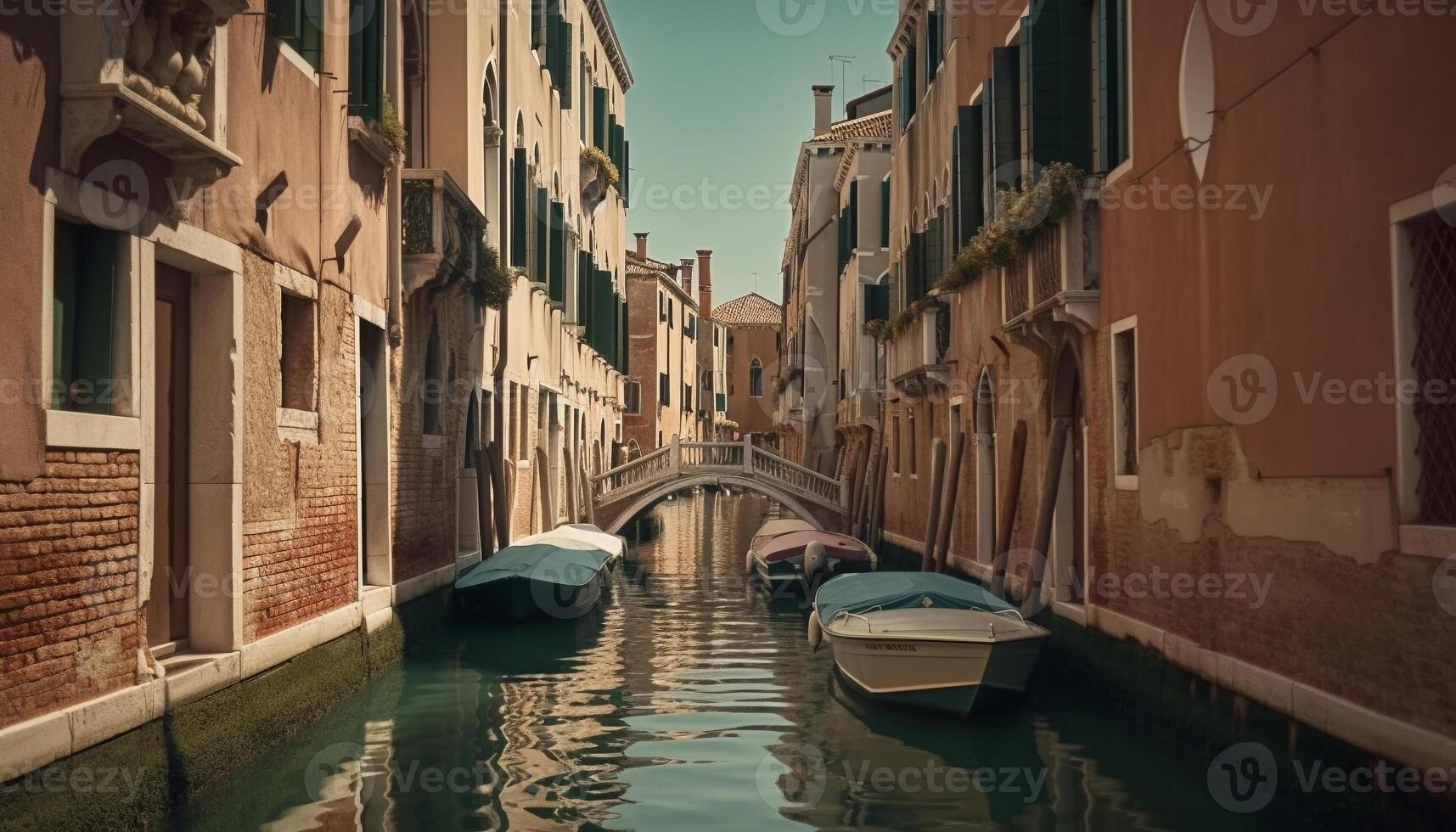 Venetian gondolier navigates narrow canal at dusk generated by AI photo