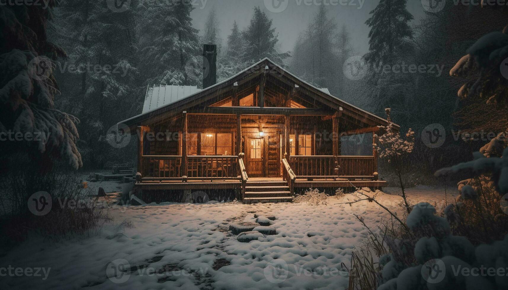 Illuminated log cabin in snowy forest landscape generated by AI photo