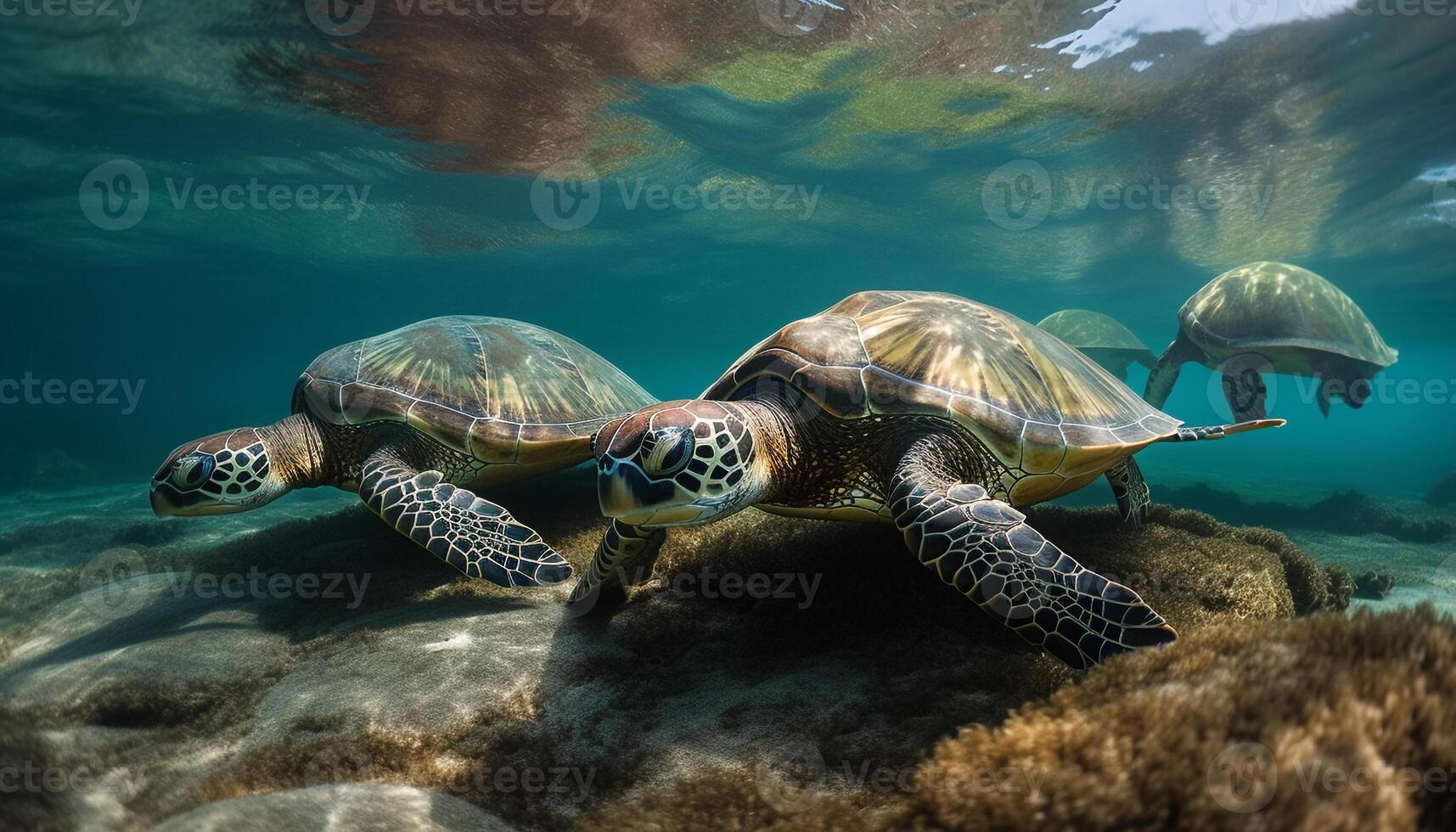 Green hawksbill turtle swims in tranquil Maui reef generated by AI photo