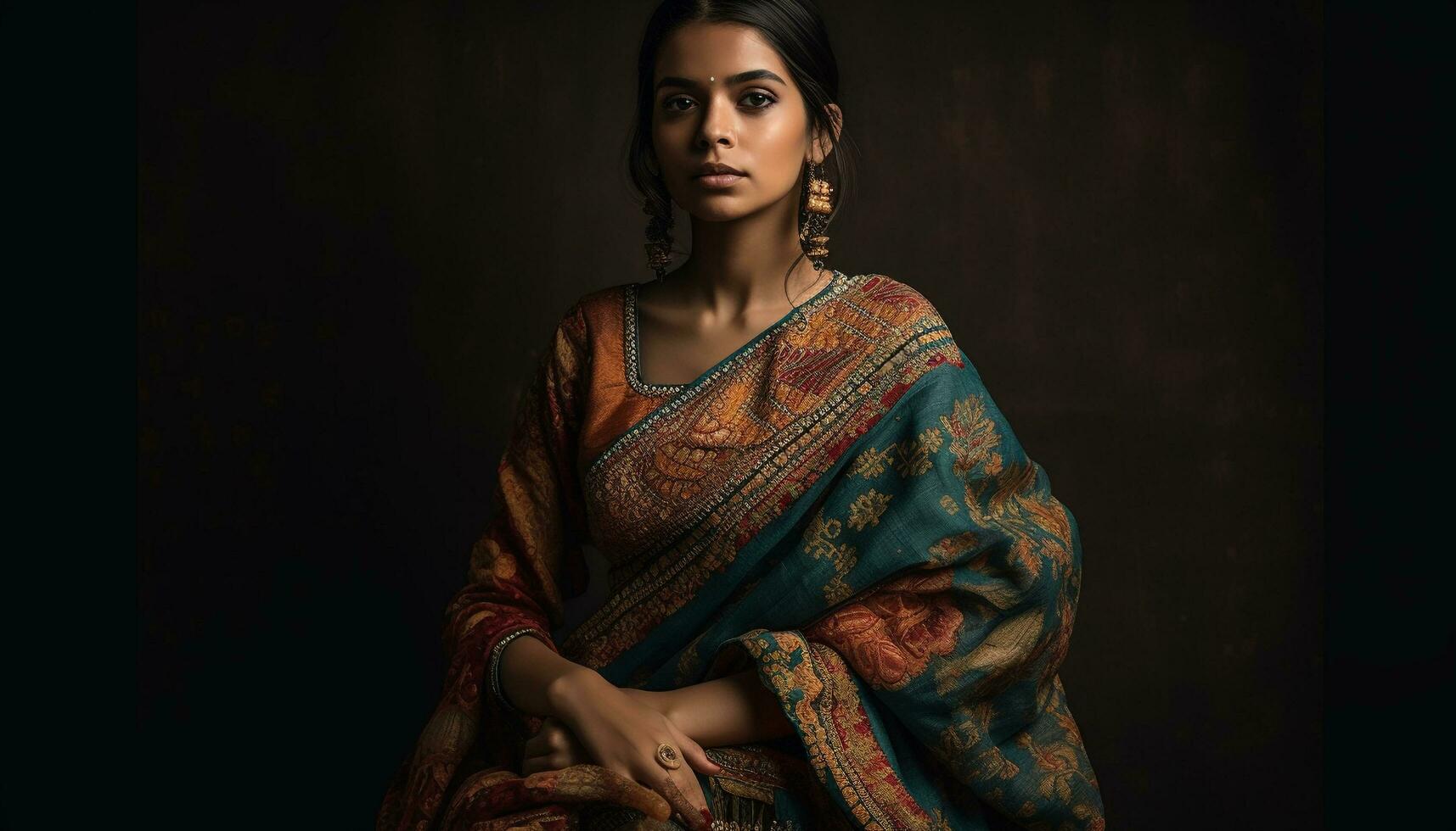 One beautiful woman in traditional sari standing confidently generated by AI photo