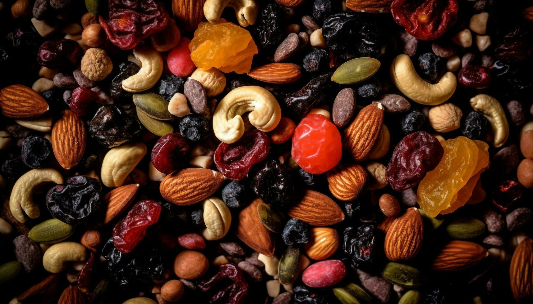 Healthy snack collection organic nuts and fruit generated by AI photo