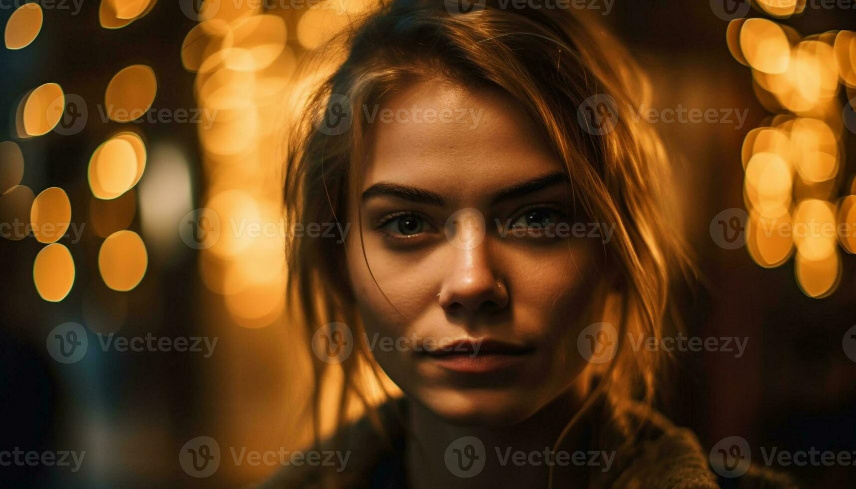 Young woman with brown hair smiling outdoors generated by AI photo