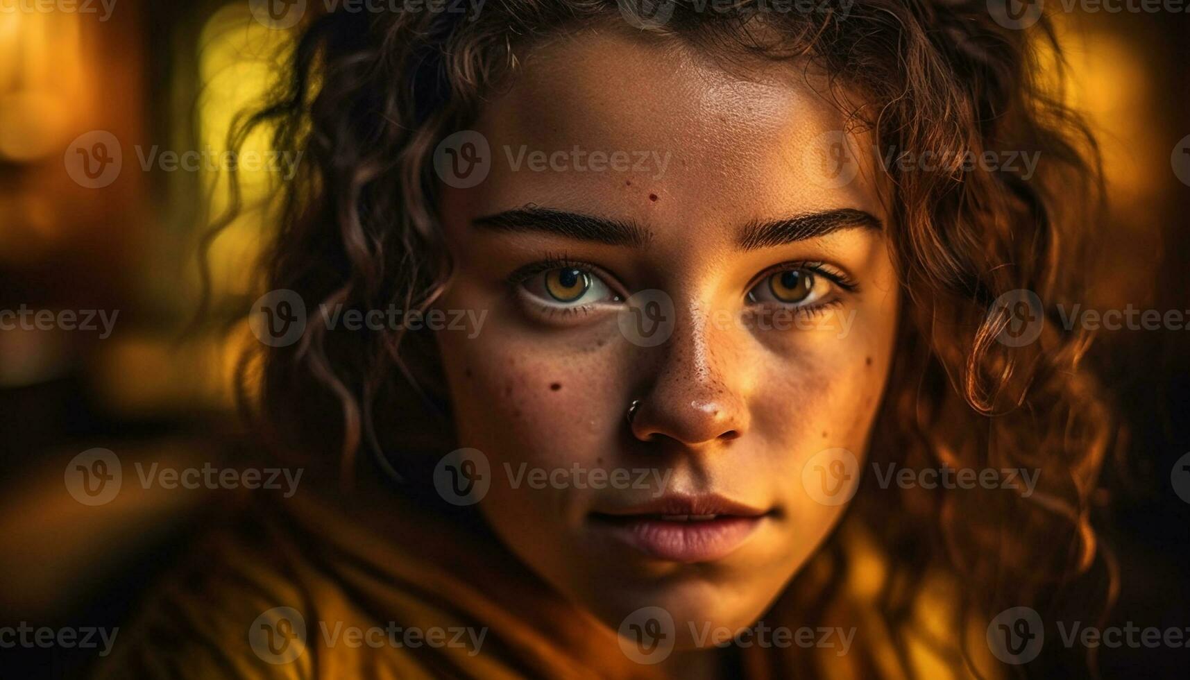 Young women with brown curly hair smiling outdoors generated by AI photo