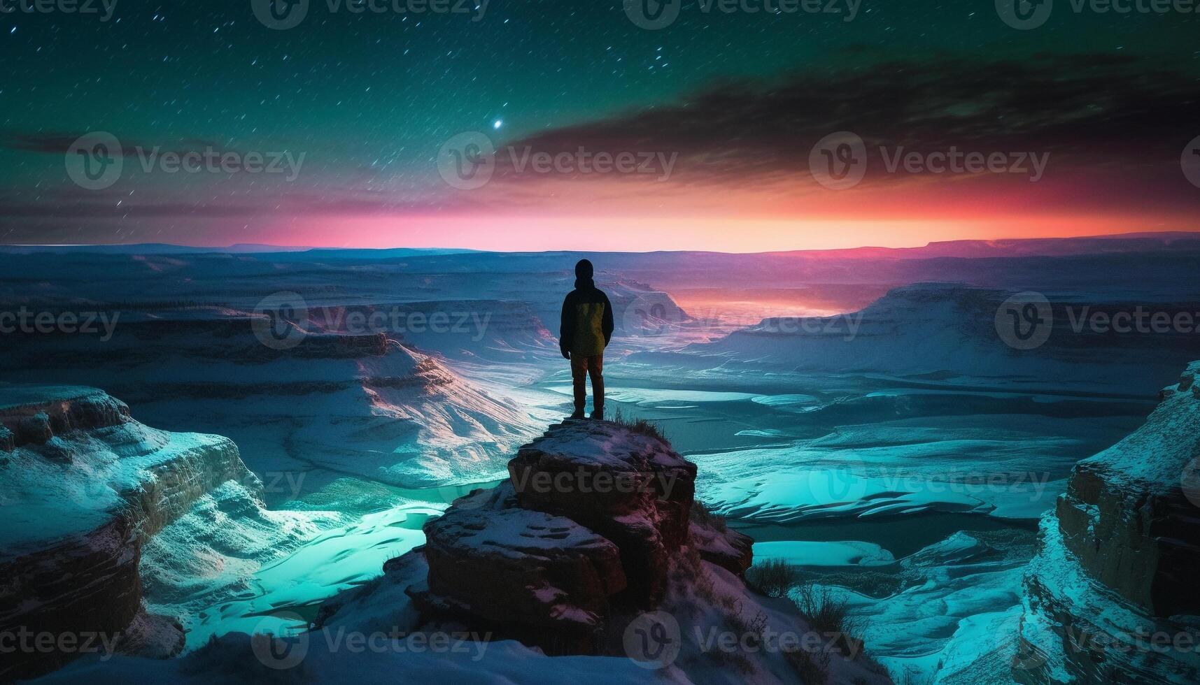 Standing silhouette on mountain peak admiring sunset generated by AI photo