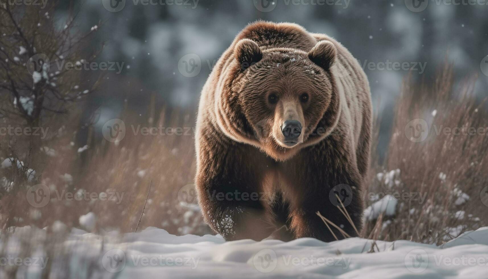 Fur covered arctic mammal walking in snowy forest generated by AI photo