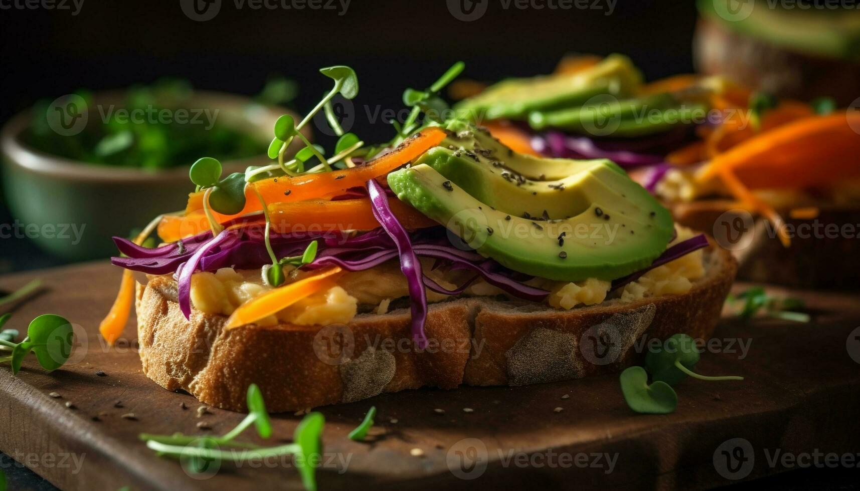 Healthy sandwich meal with fresh vegetables and avocado generated by AI photo