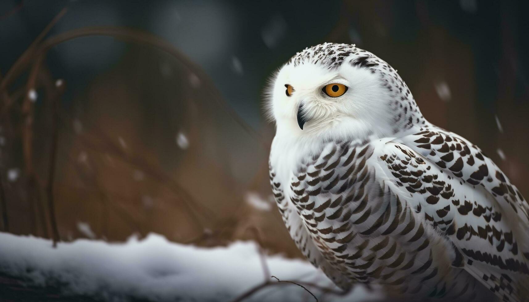 Snowy owl perched on branch staring fiercely generated by AI photo