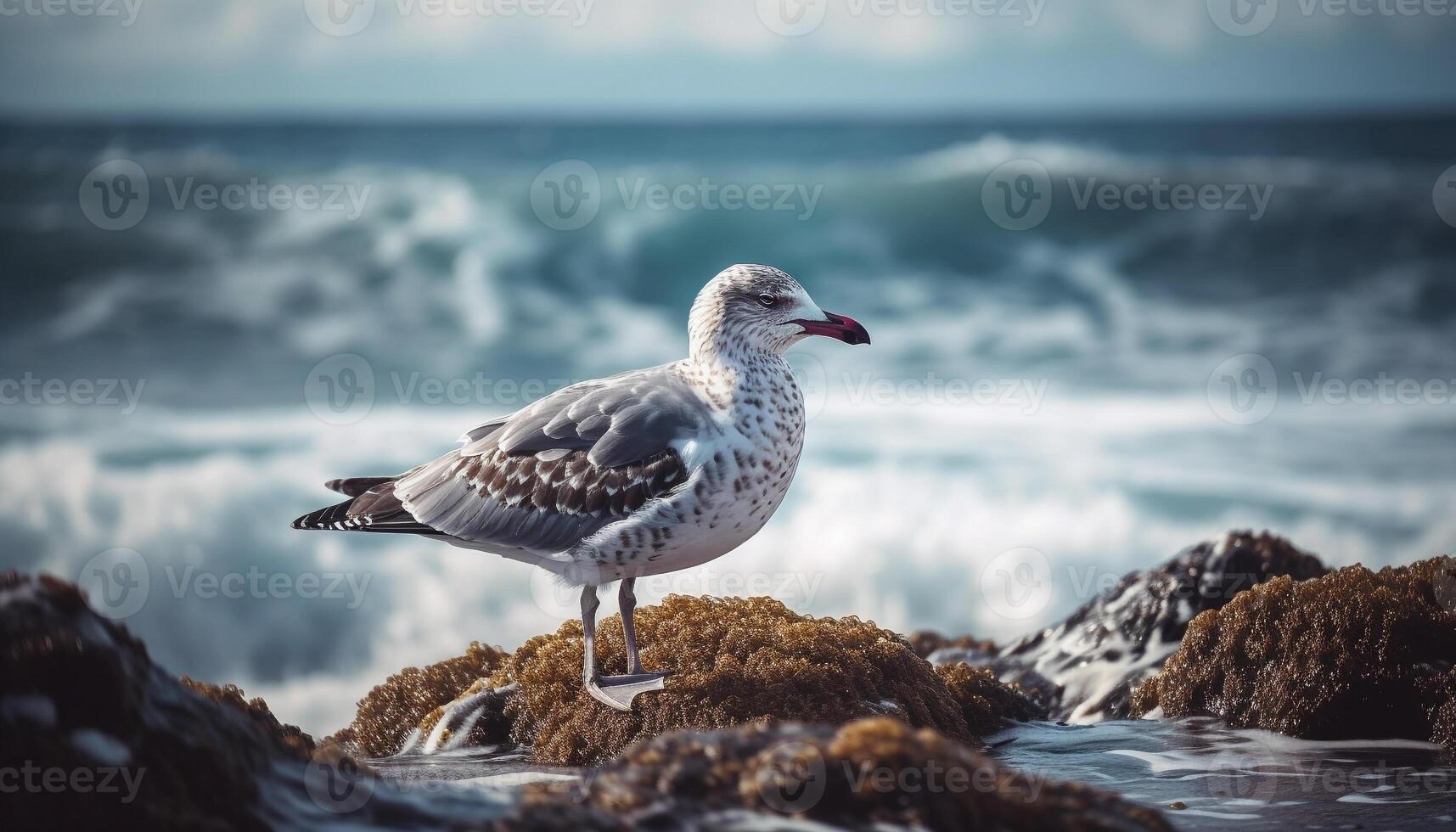 Seagull flying over tranquil seascape at sunset generated by AI photo