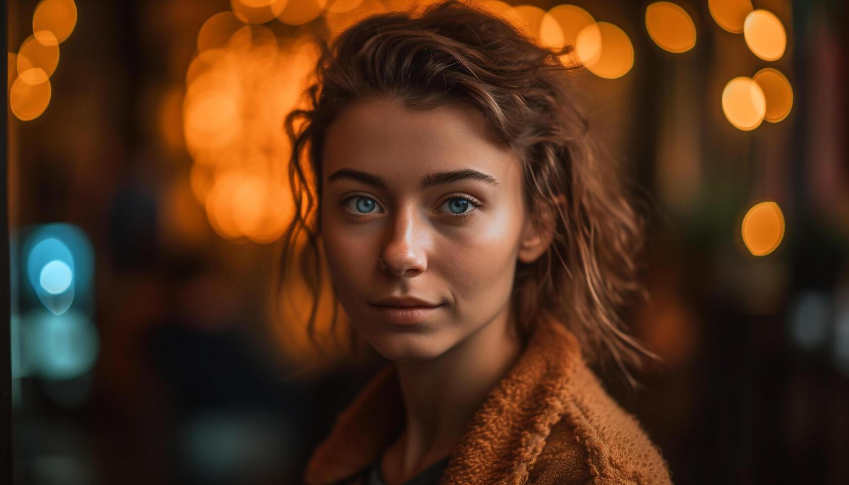 Beautiful young woman smiling looking at camera generated by AI photo