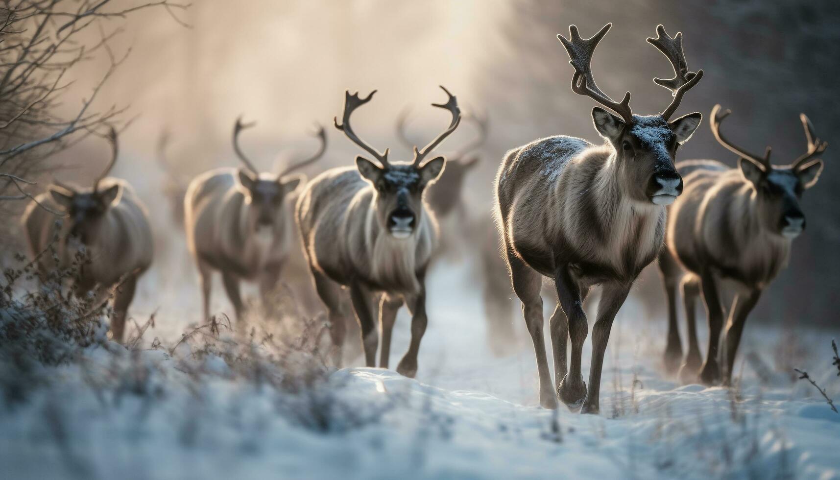con cuernos ciervo en pie en nieve cubierto bosque generado por ai foto
