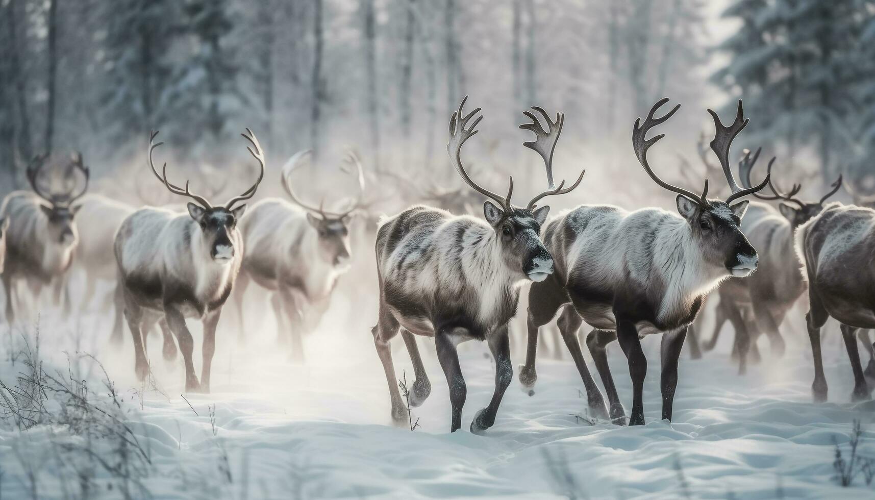 manada de ciervo pasto en Nevado bosque generado por ai foto