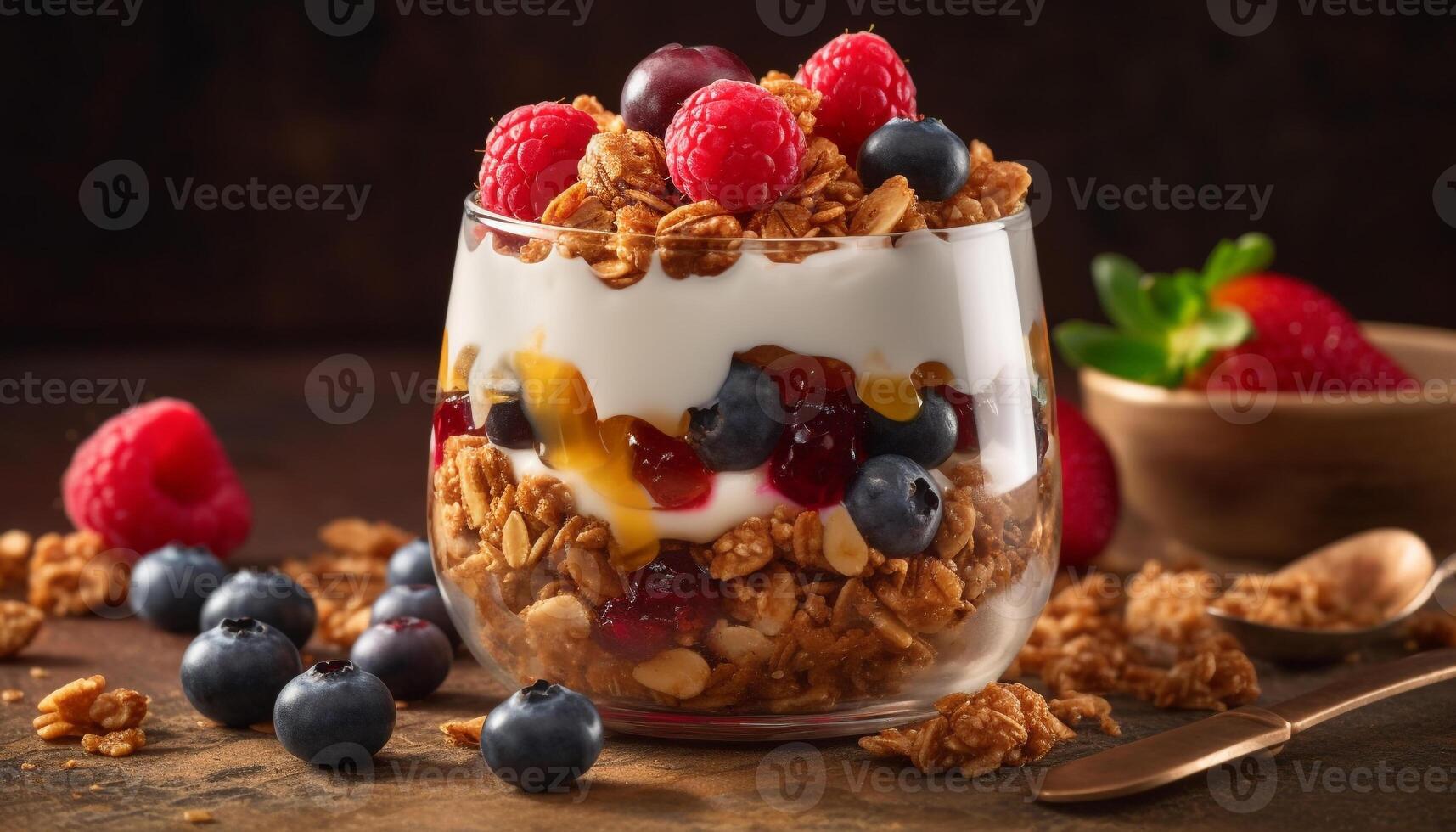 Fresh fruit parfait with granola and yogurt generated by AI photo