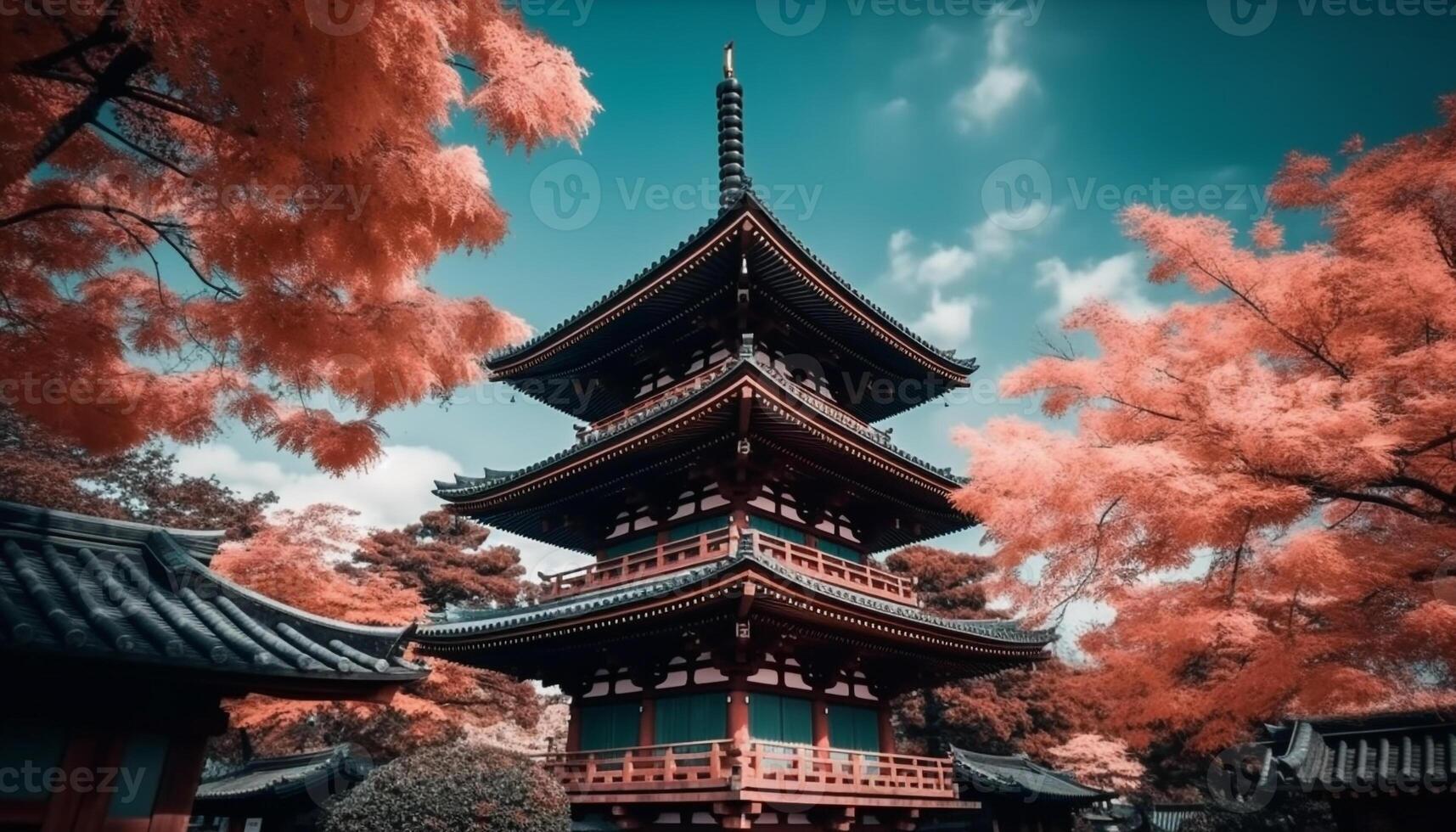 Ancient pagoda stands tall in autumn landscape generated by AI photo