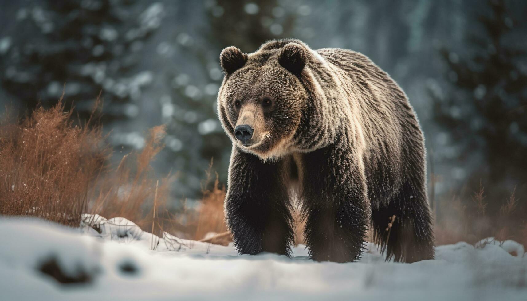 majestuoso oso pardo oso caminando en Nevado bosque generado por ai foto