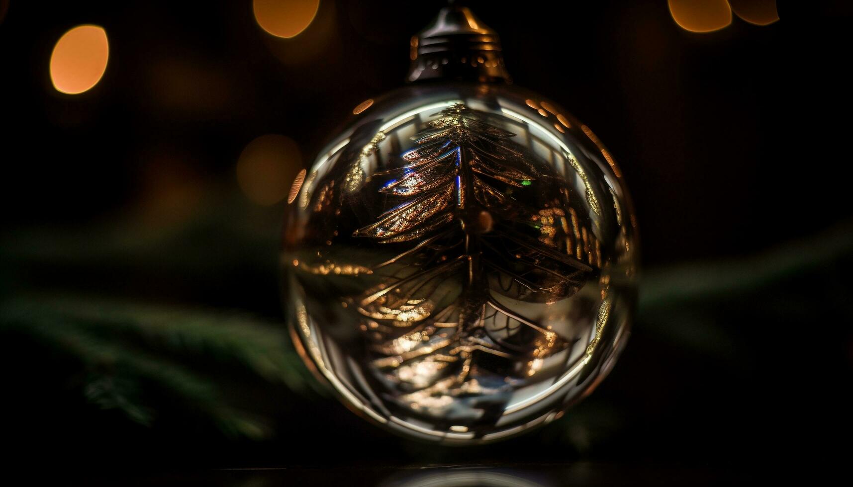 Shiny glass reflects glowing Christmas lights at night generated by AI photo