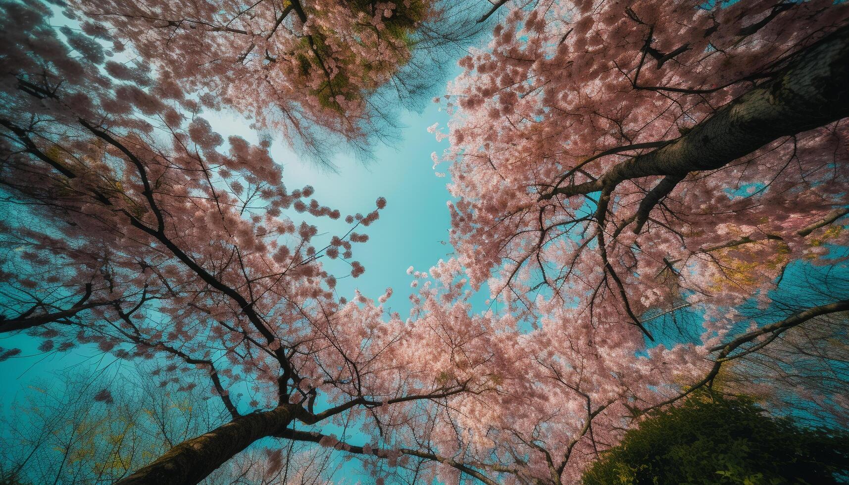 Cherry blossom tree branch in vibrant pink generated by AI photo