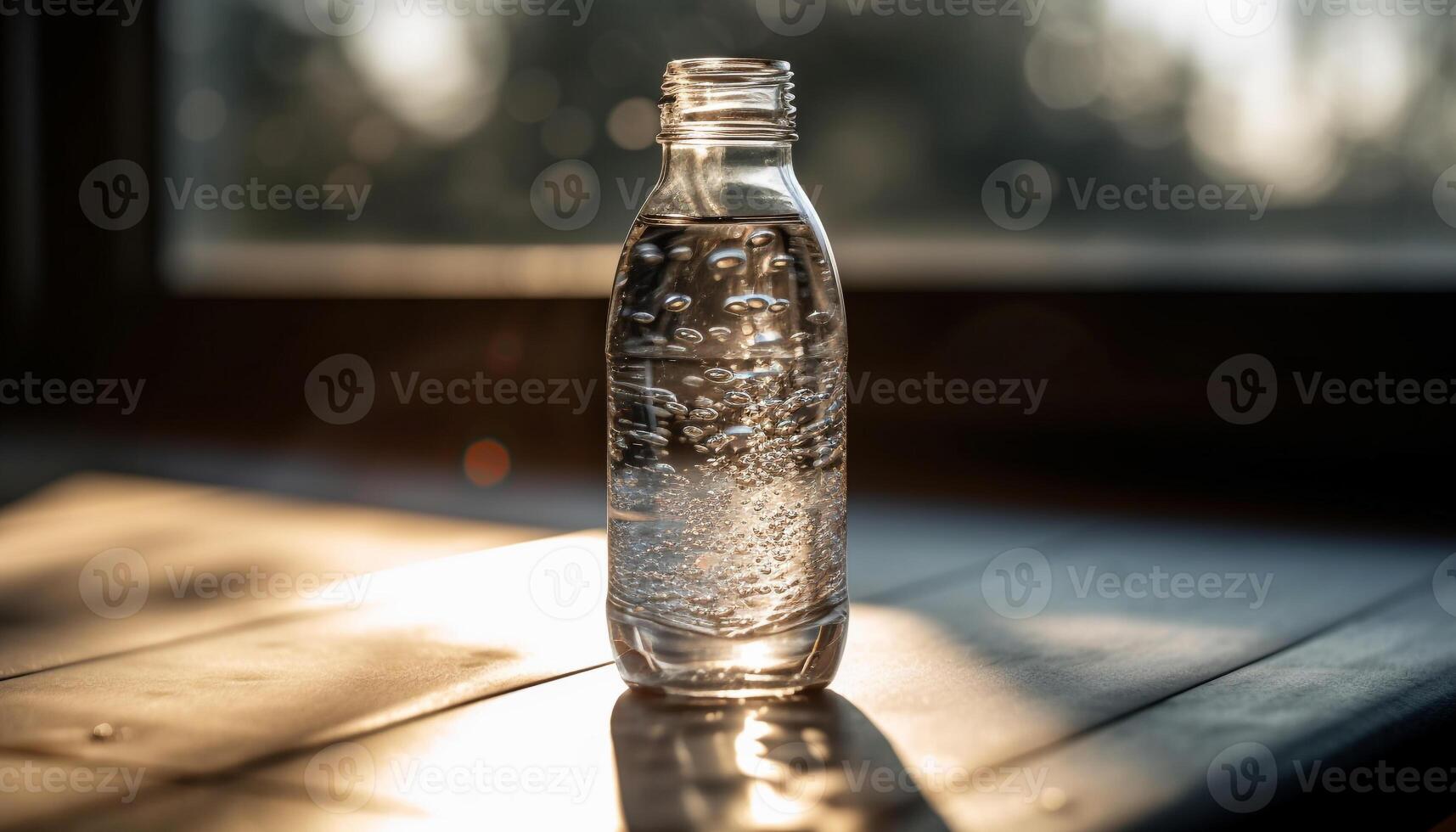 Fresh water in glass bottle on wooden table generated by AI photo