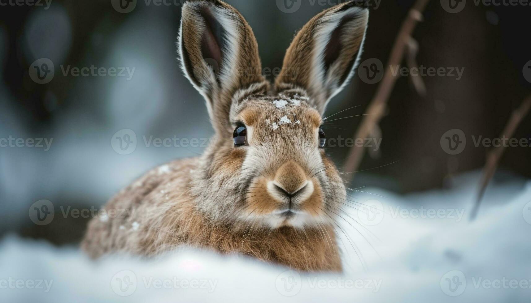 Fluffy hare sits in snow cute portrait generated by AI photo