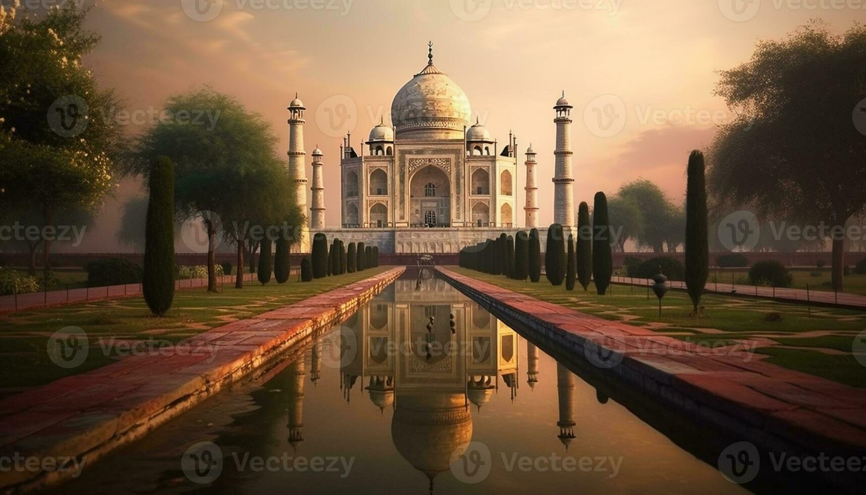 Marble mausoleum reflects sunset symbolizing Indian spirituality generated by AI photo