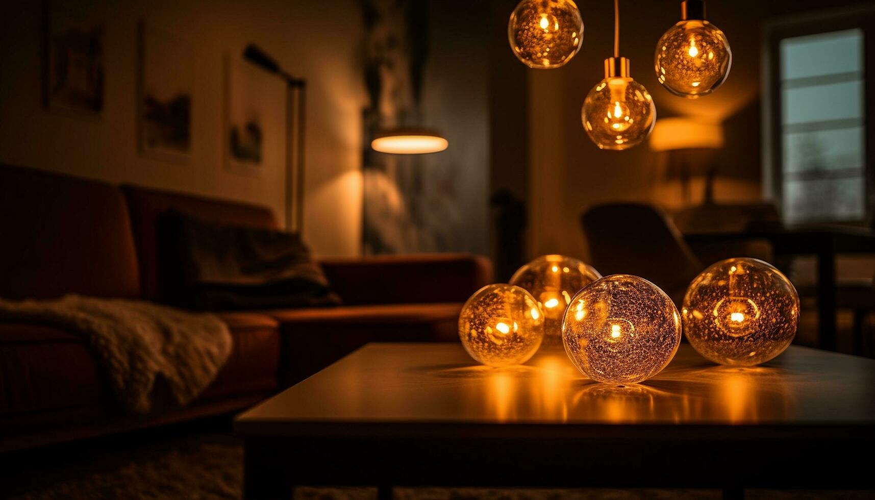 Luxury chandelier illuminates modern living room decor generated by AI photo