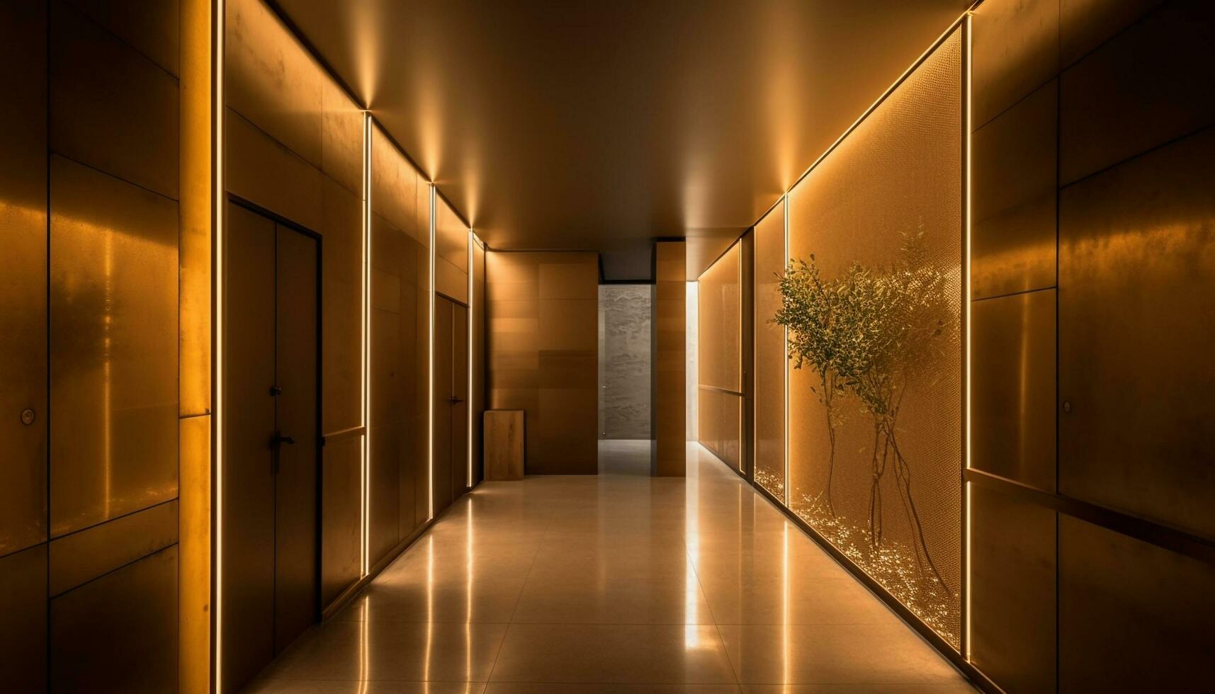 Futuristic design illuminates modern apartment empty corridor generated by AI photo