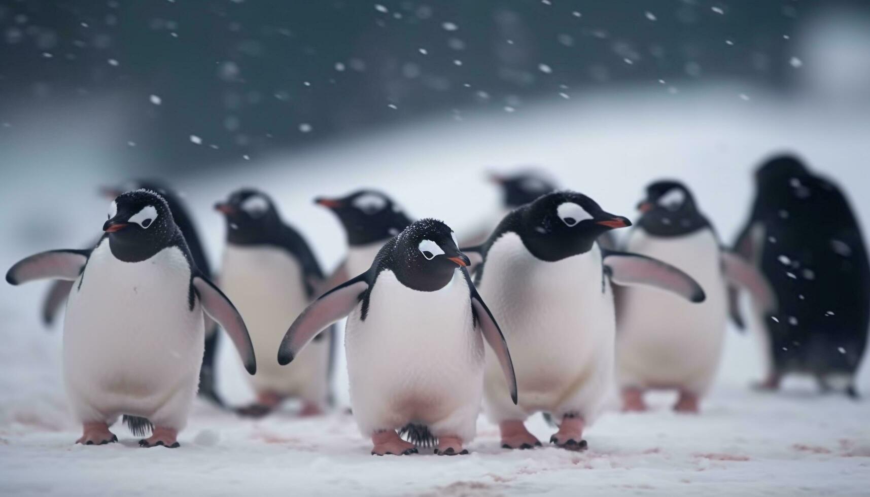 Gentoo penguins waddling in a snowy colony generated by AI photo