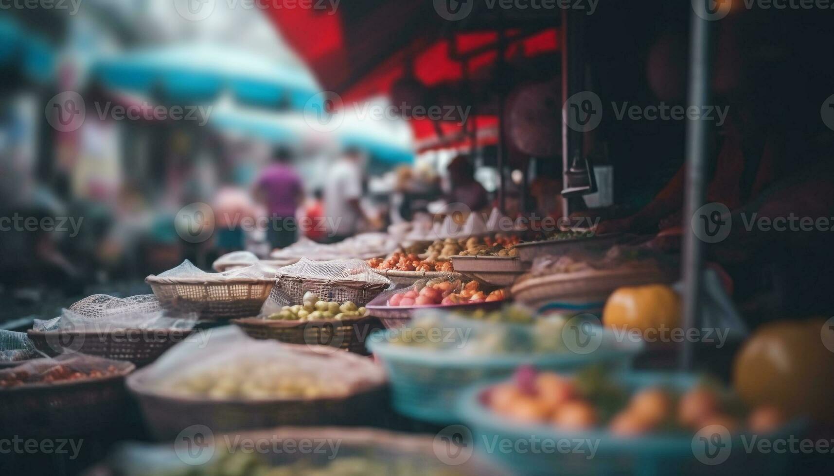 Street vendors selling fresh seafood and vegetables generated by AI photo