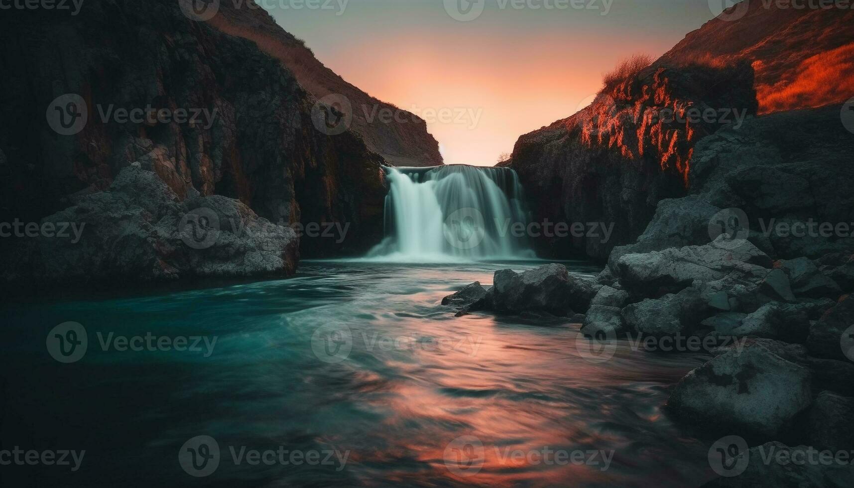 Majestic mountain range tranquil seascape at dusk generated by AI photo