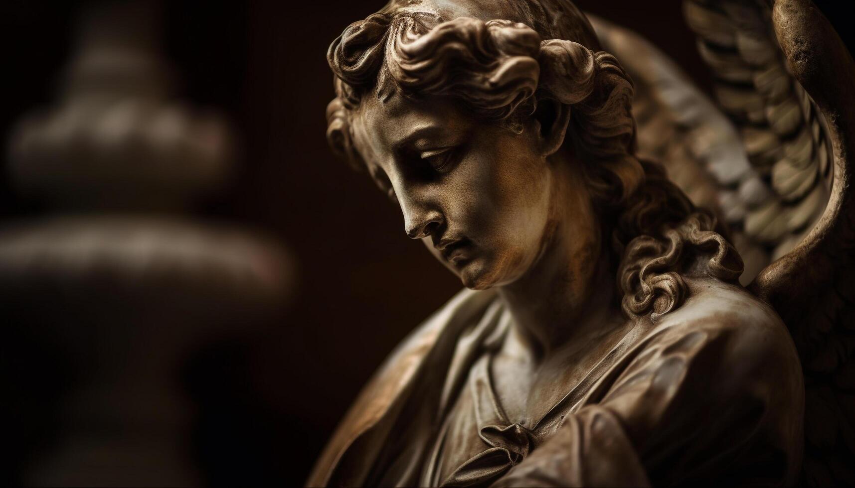 Praying men mourn at ancient marble tombstone generated by AI photo