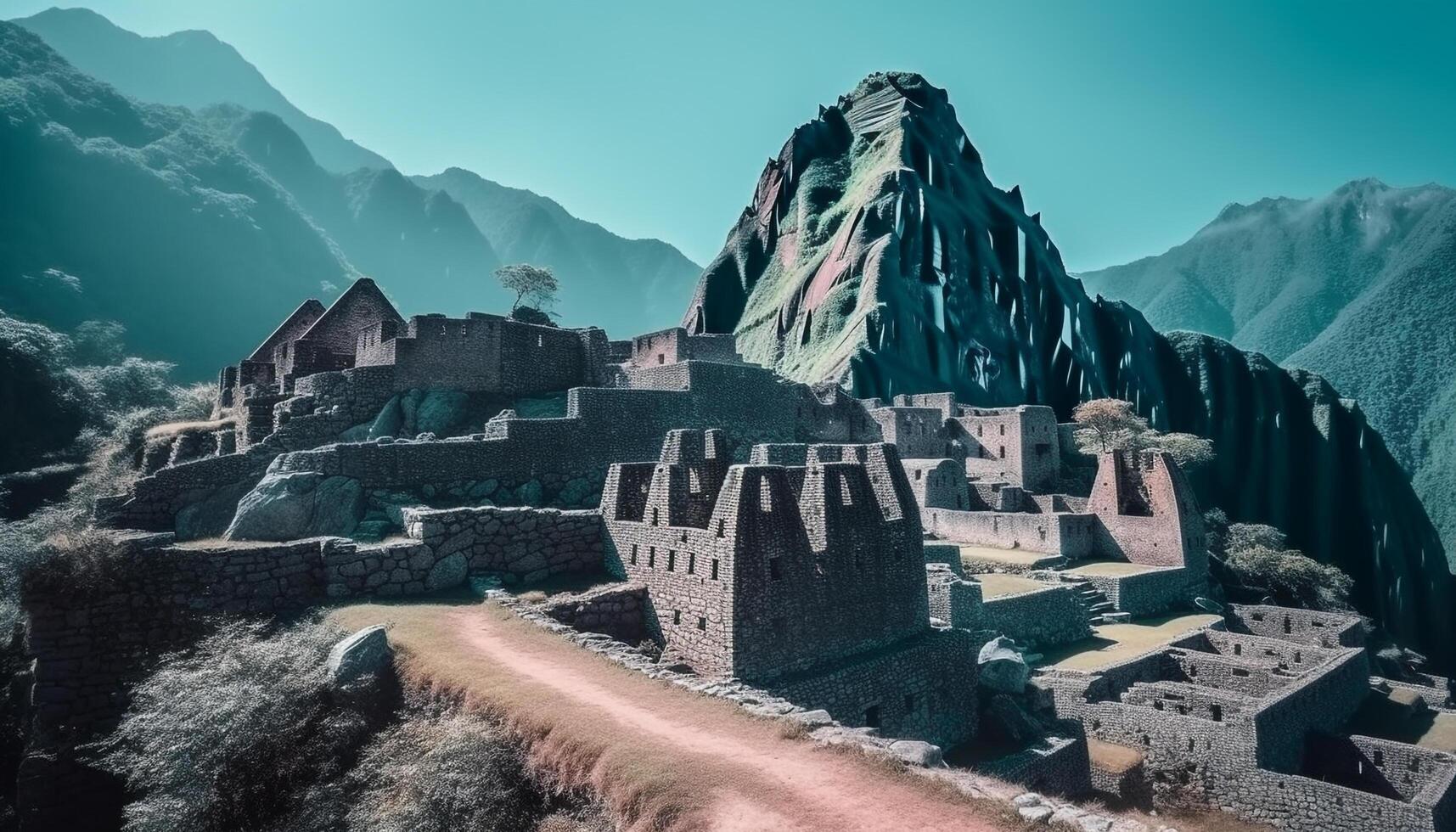 Ancient ruins atop mountain peak breathtaking panorama view generated by AI photo