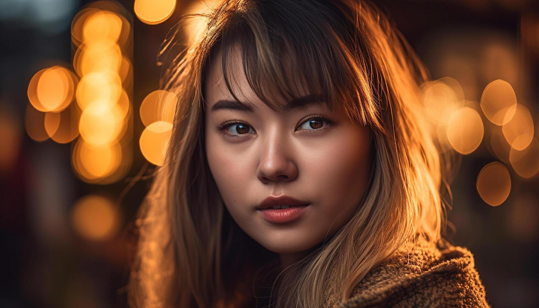 joven mujer sonriente iluminado por Navidad luces generado por ai foto