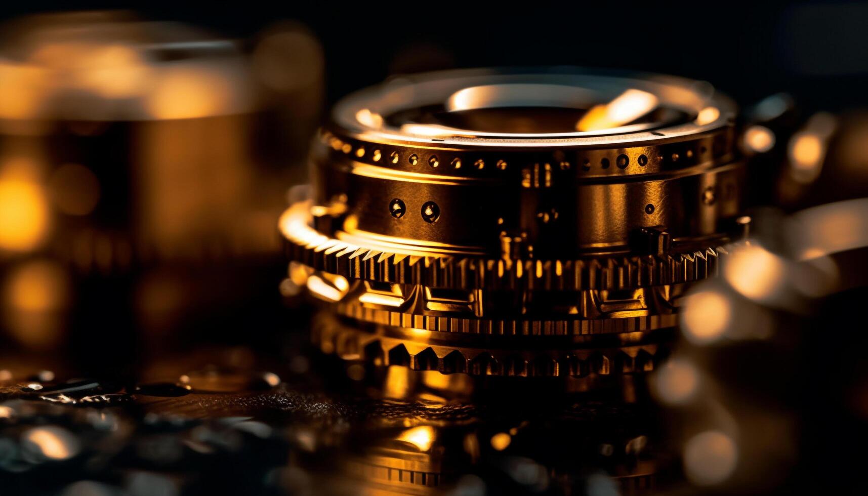 Antique camera lens focuses on metal shutter generated by AI photo