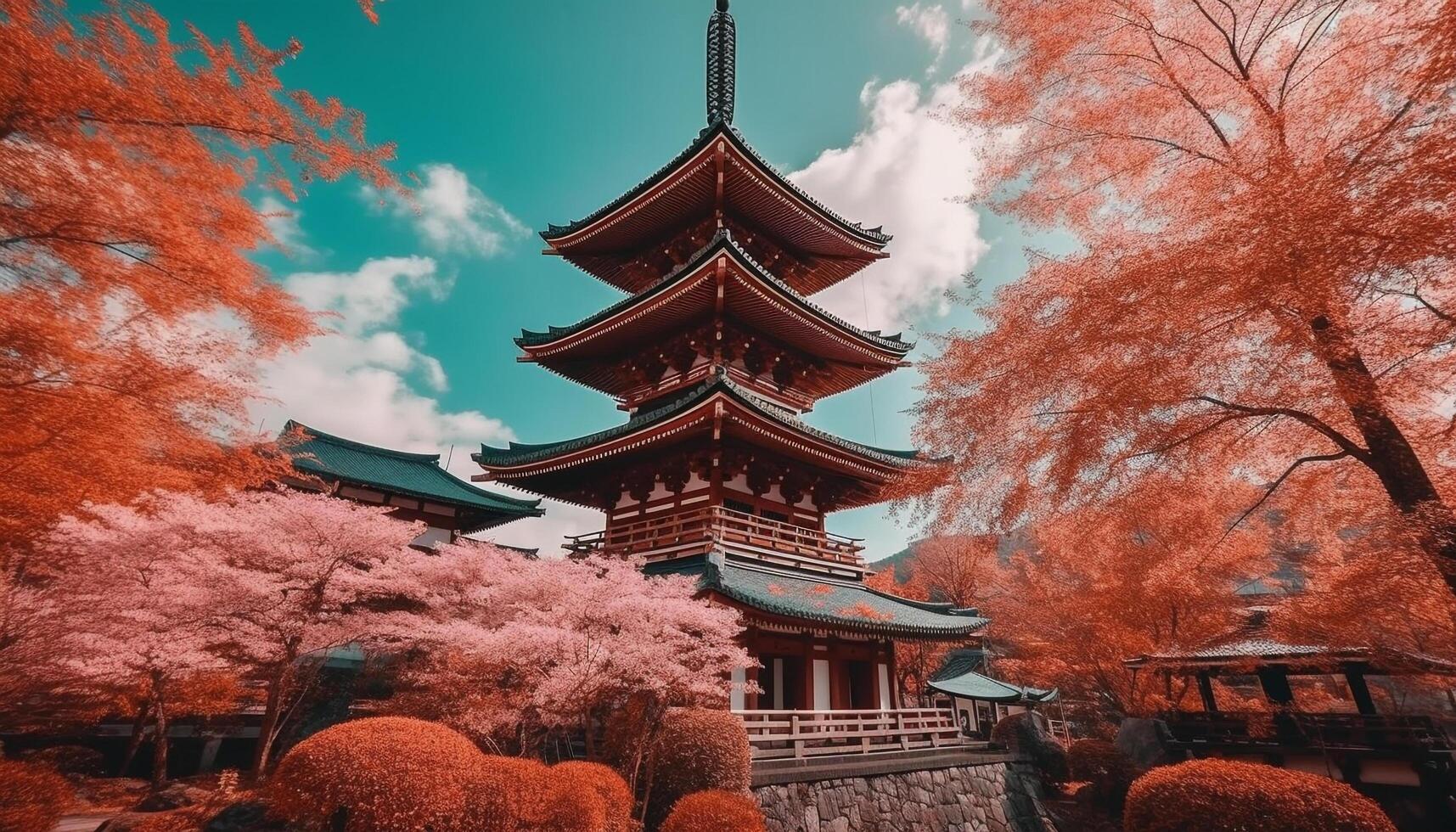 antiguo pagoda soportes alto en medio de Cereza flores generado por ai foto