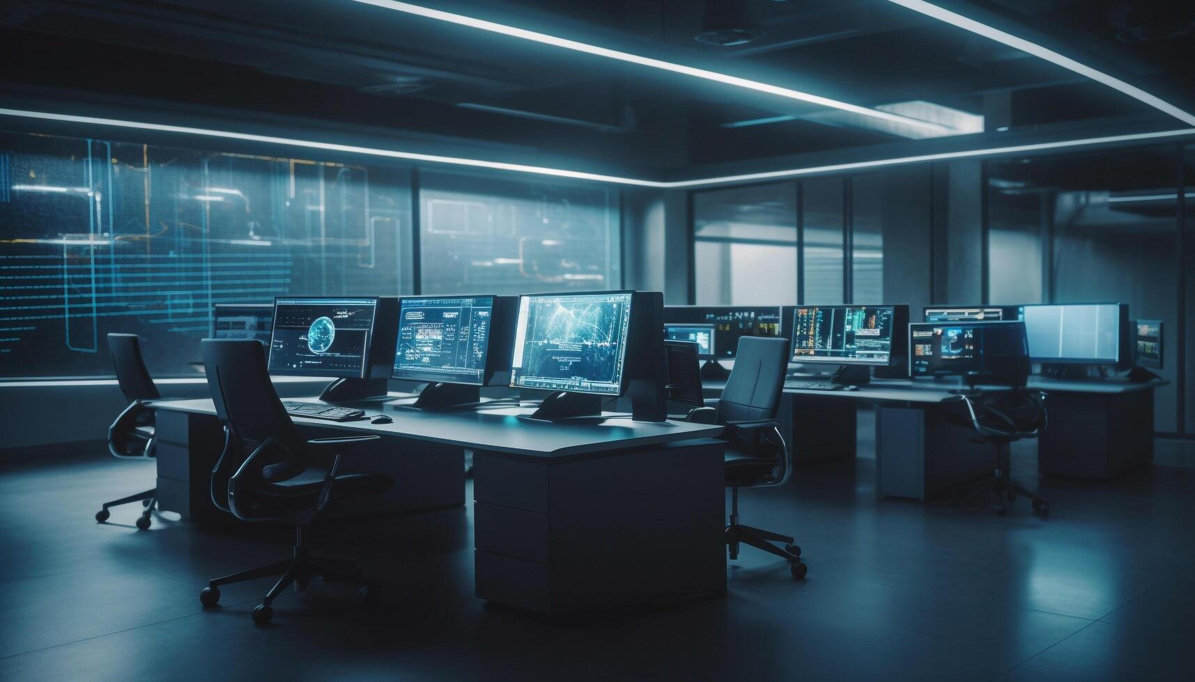 Modern office with bright blue computer equipment generated by AI photo