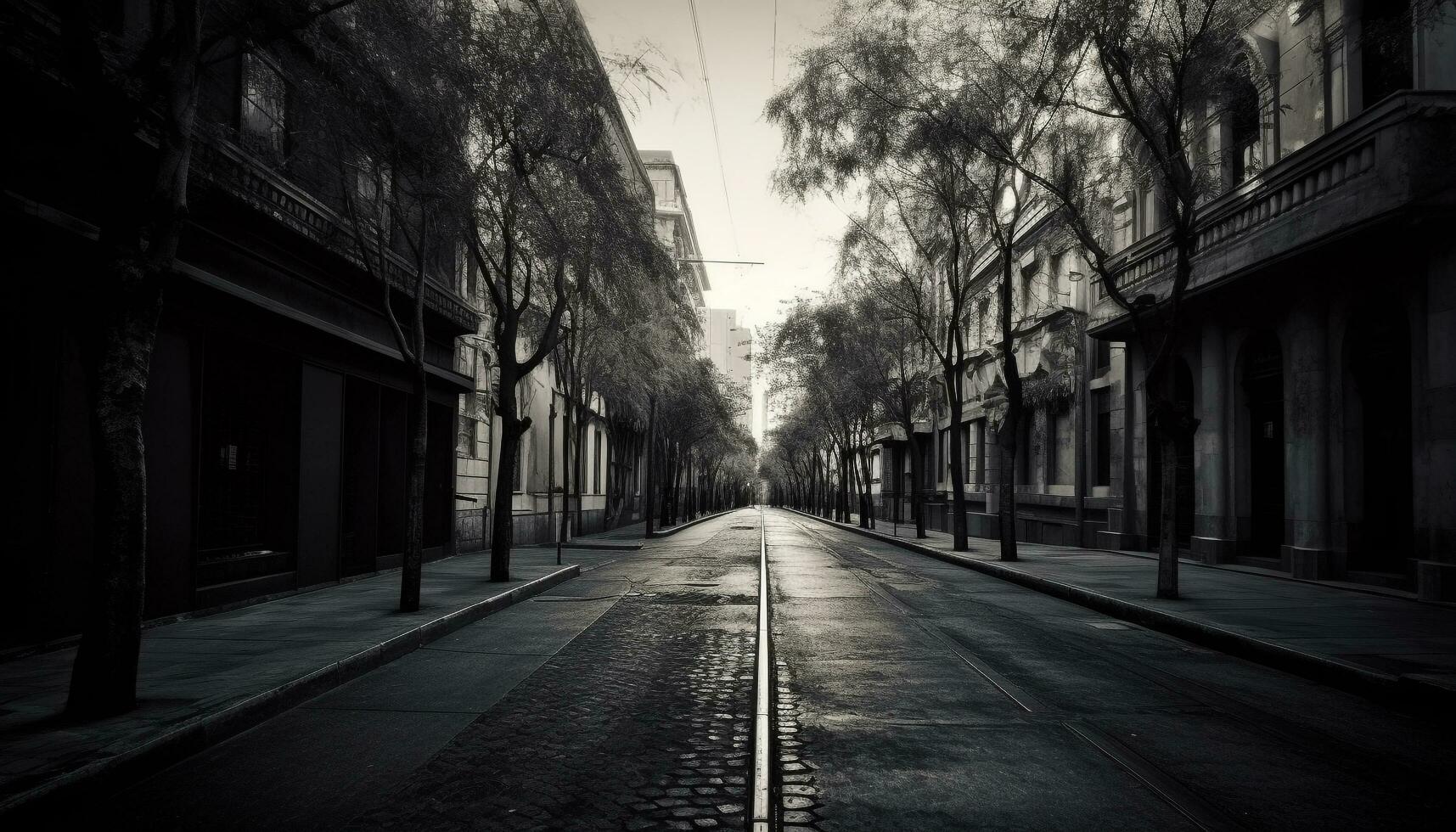 Vanishing point leads to old city street generated by AI photo