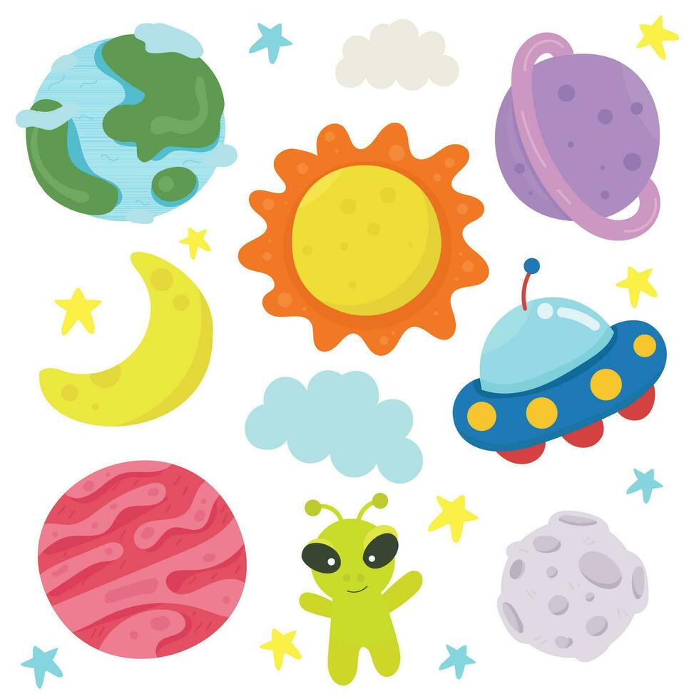 Set of cute cartoon space. vector