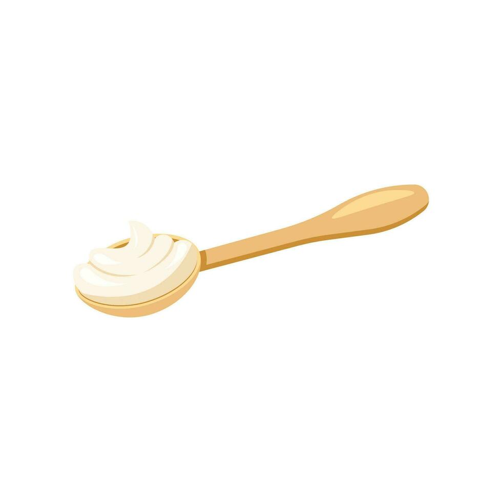 White cream in a wooden spoon, sour cream, mayonnaise or yoghurt, vector