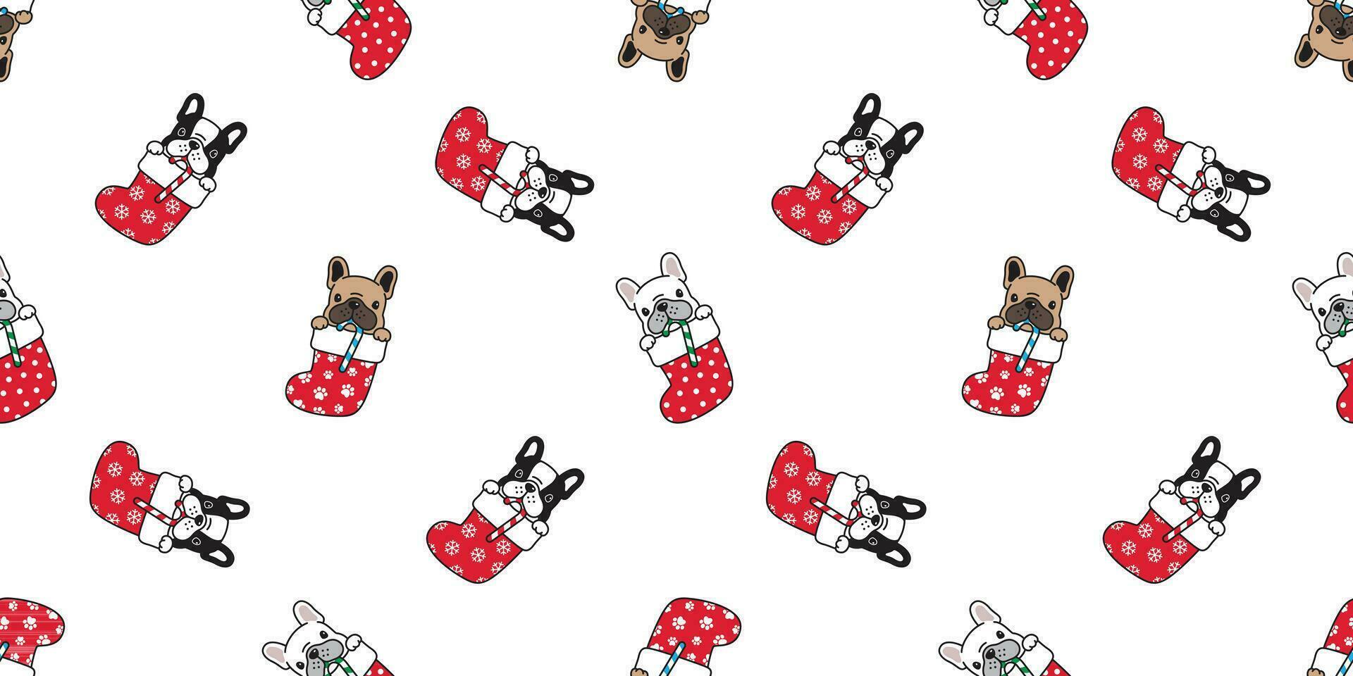 dog seamless pattern Christmas sock vector french bulldog Santa Claus Xmas snowflake candy cane dog paw cartoon scarf isolated tile background repeat wallpaper illustration