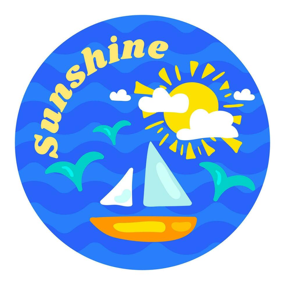 Cartoon Ocean Waves Sunshine Round Sticker vector