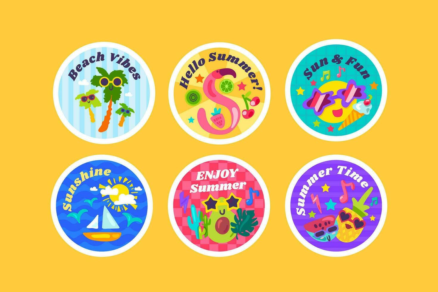 Cute Summer Round Stickers Set vector