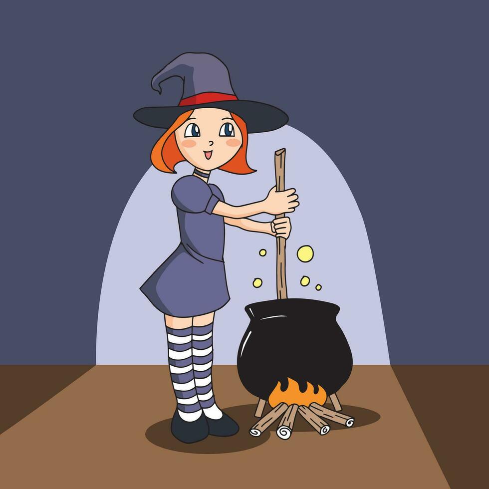 Cute small witch casts a spell with the magic wand. Young red-haired kid girl wearing purple dress and hat. Vector flat cartoon illustration isolated on white